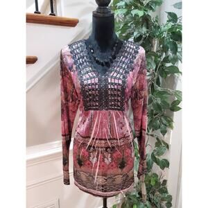 World Unity Womens Pink 100% Polyester V Neck Long Sleeve Top Blouse Size XL